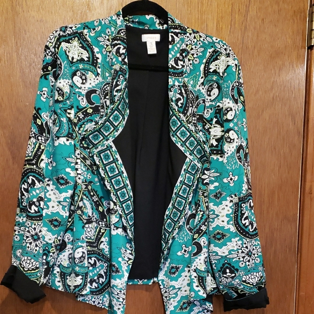 Chico's Teal Paisley Open-Front Blazer